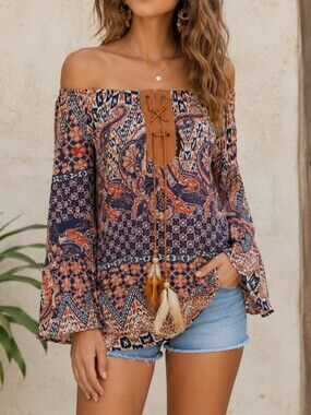 EMMA ROSE | Women's Red-Orange Multi-Pattern Off-the-Shoulder Boho Blouse Size S